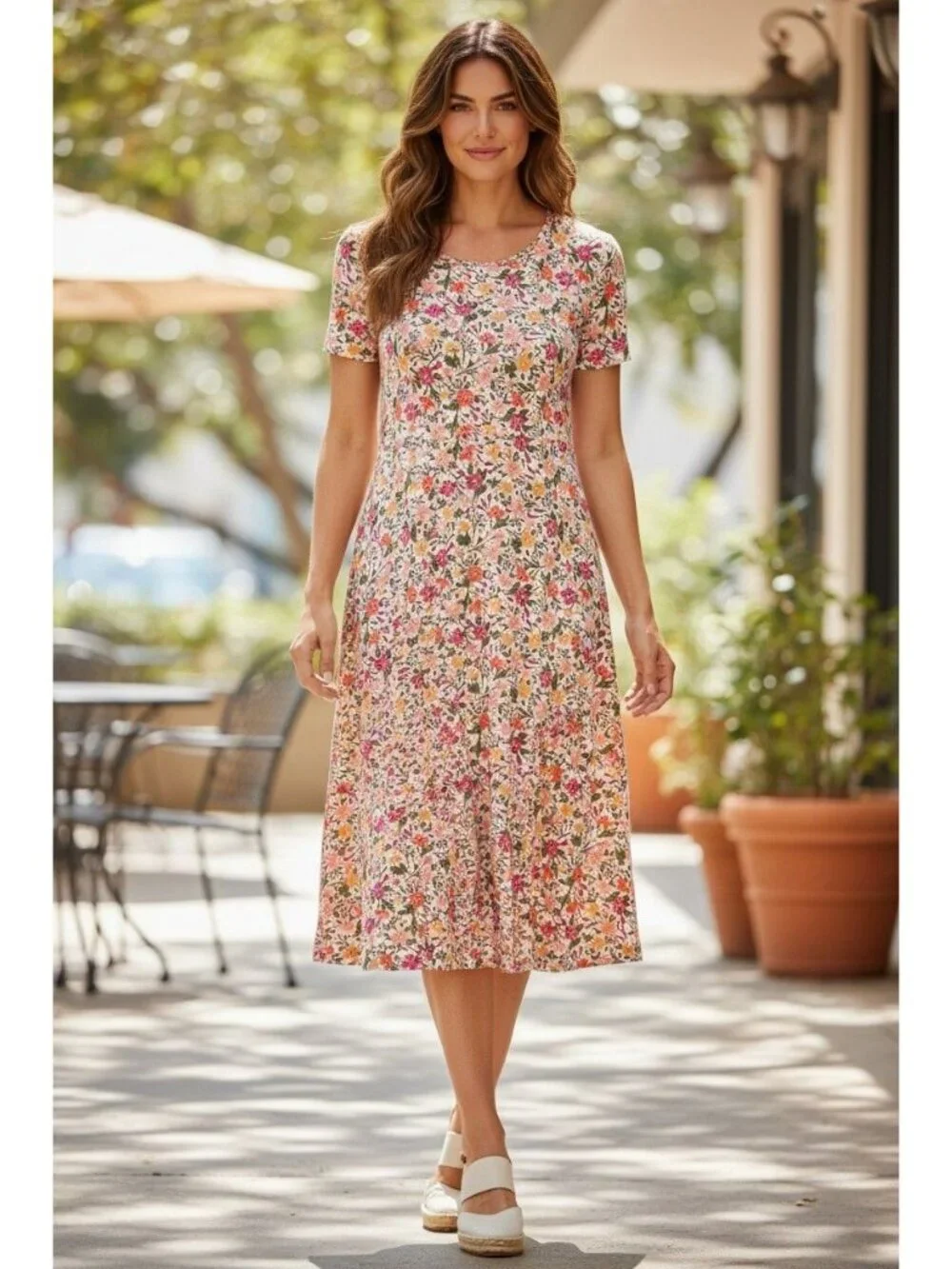 Croft & Barrow Floral Print Short Sleeve Soft Knit Midi Dress Size L New Summer